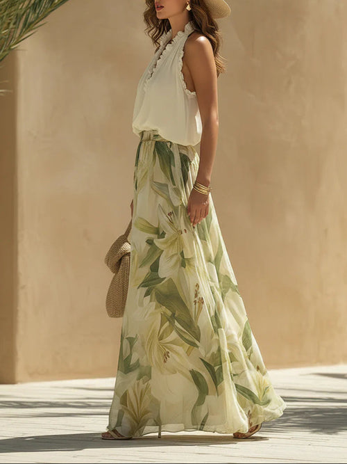 Conjunto de Chiffon Sin Mangas con Volantes y Pantalón con Estampado de Lirios