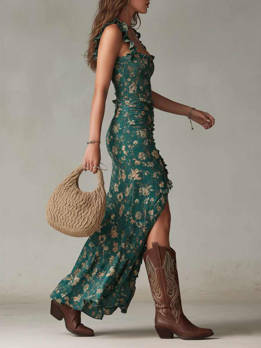 Maxi Vestido Boho Verde Estampado con Mangas de Volantes