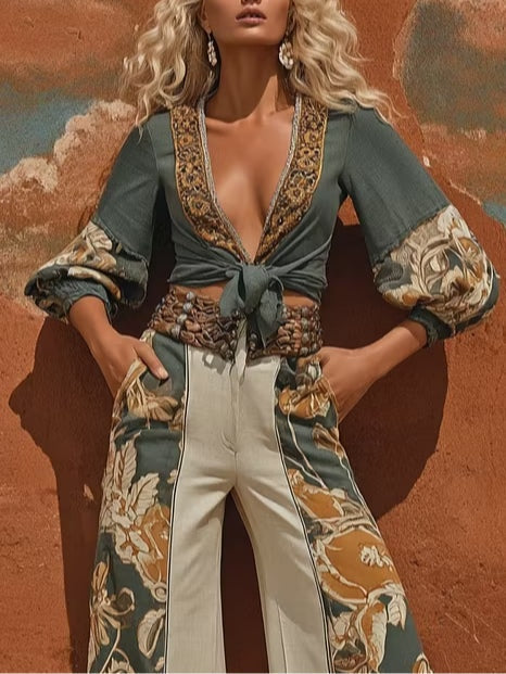Conjunto Elegante con Top Estampado Color Block con Lazo y Pantalón