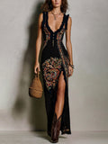Vestido Boho Estampado con Escote en V Profundo y Abertura Alta