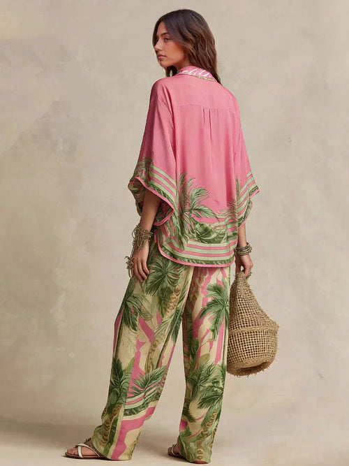 Conjunto Kimono de Dos Piezas con Estampado de Palmeras