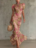Fiora | Vestido largo romántico con mangas abullonadas y estampado de rosas estilo vintage