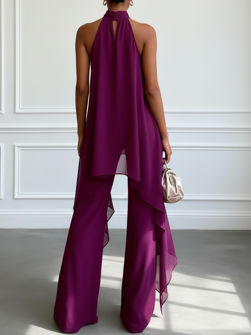 Conjunto Elegante de Dos Piezas con Top Halter Morado Sin Mangas y Pantalón