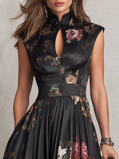 Vestido Midi de Satén Plisado Negro con Estampado Floral y Escote de Ojo de Cerradura