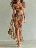 Viola | Vestido largo de gasa naranja con estampado de pintura al óleo de estilo bohemio