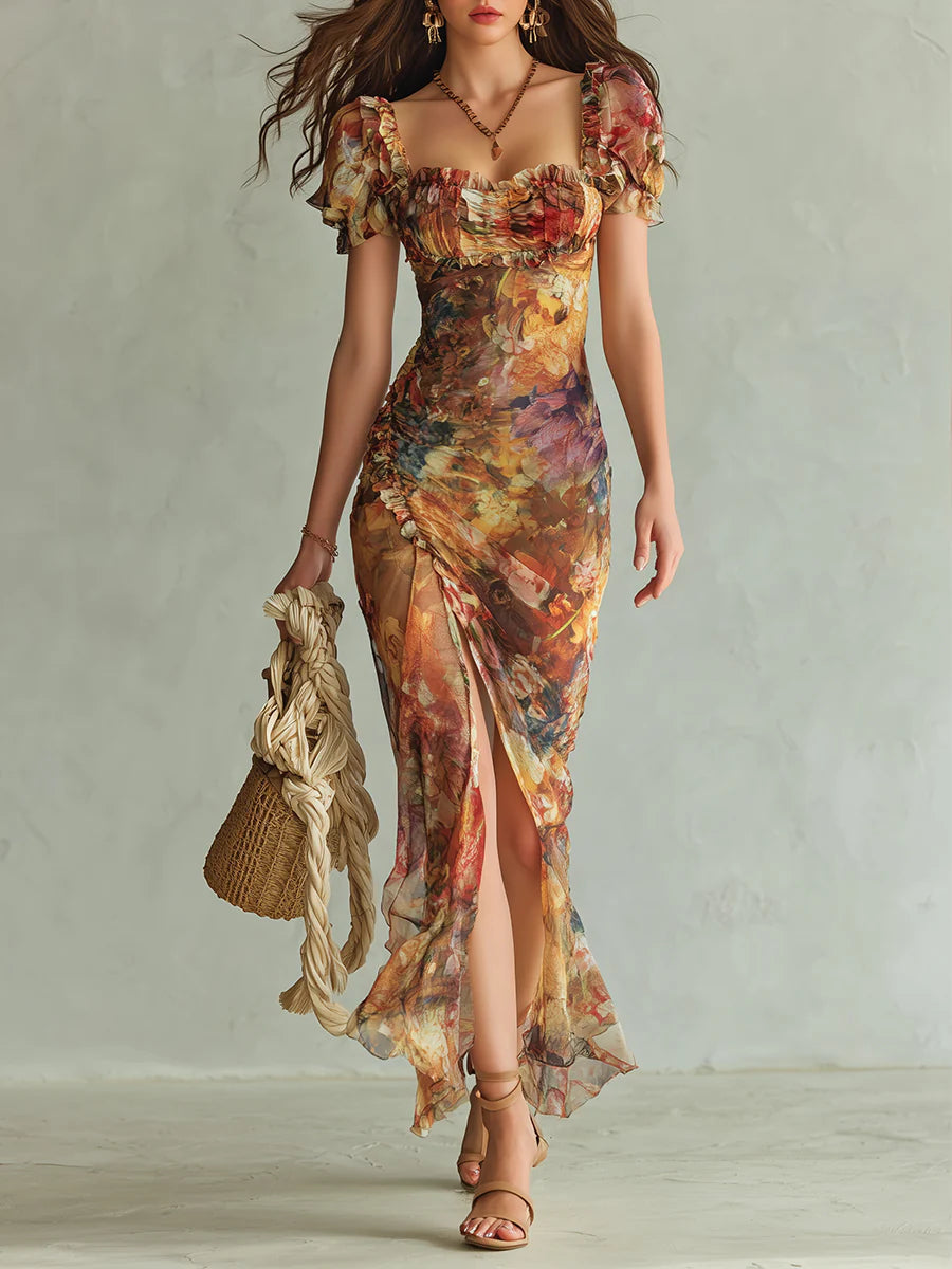 Maxi Vestido de Chiffon Naranja con Estampado Boho de Pintura al Óleo