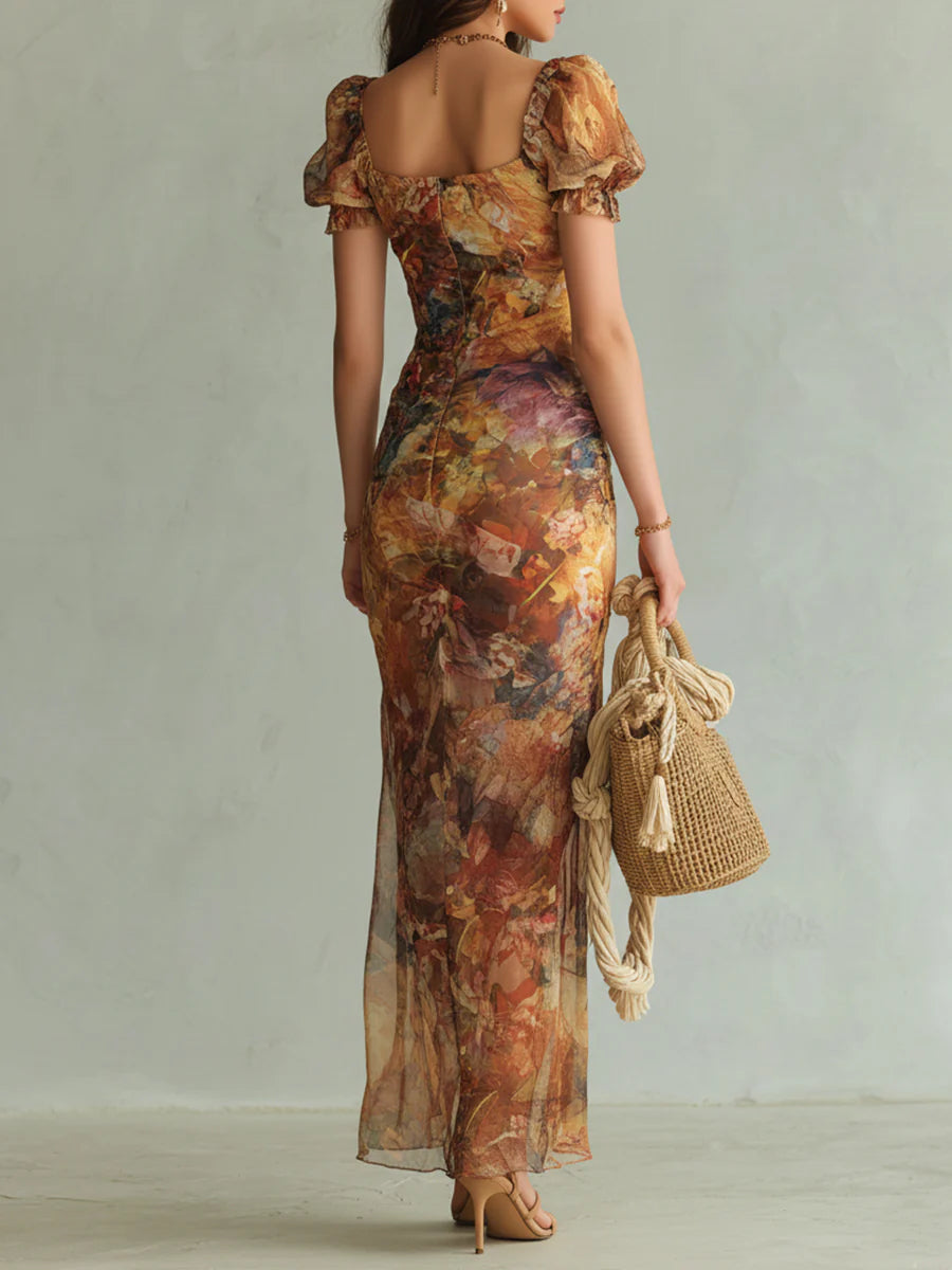 Maxi Vestido de Chiffon Naranja con Estampado Boho de Pintura al Óleo