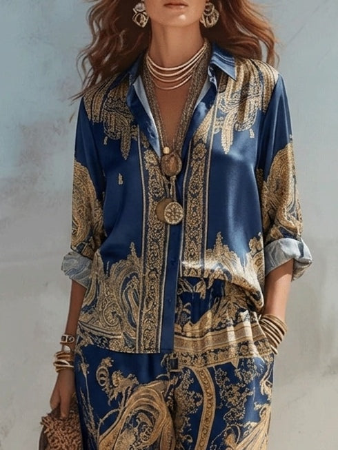 Conjunto de Dos Piezas con Camisa de Estampado Barroco Marino y Pantalón Ancho