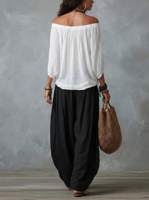 Conjunto de Top Blanco Hombros Descubiertos y Pantalón Linterna Holgado